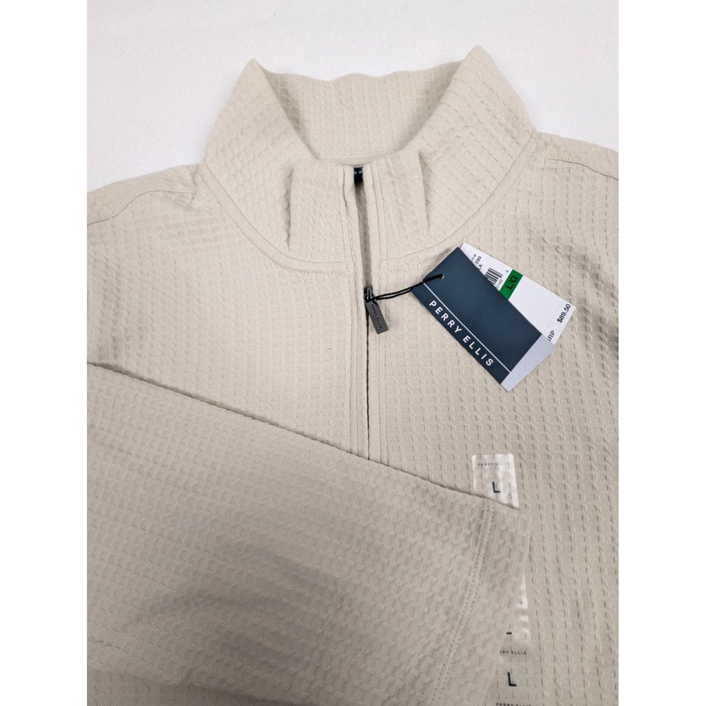 Perry Ellis Mens Waffle Knit Quarter Zip Pullover Cream Cotton Mock Neck Large - Picture 3 of 13